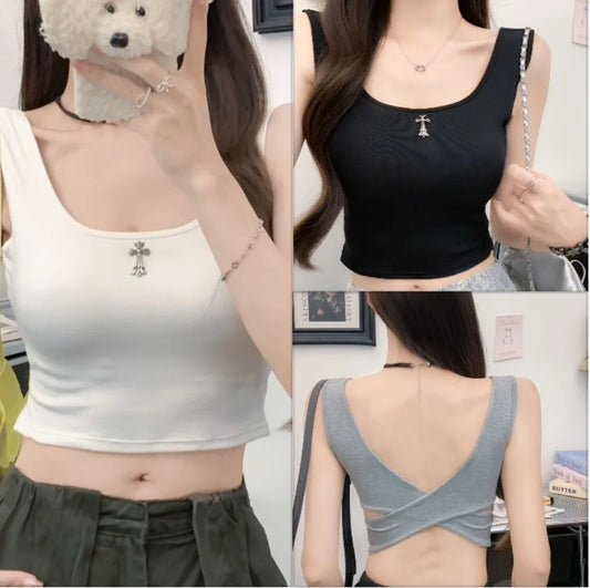 Square Neck Sling Camisoles Women Beautiful Back Cross Back Casual Sports Tank Top with Chest Pad