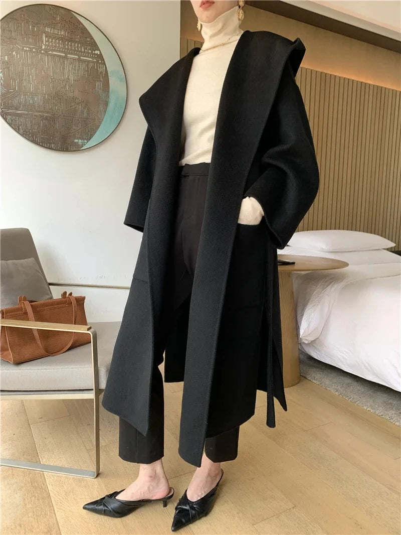 2024 Mid-Length Autumn and Winter Hooded Double Sided Cotton Cashmere Coat Female 100% Wool Loose Thick Woolen Coat