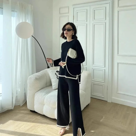 2024 Autumn Collection Elegant Color Blocking Side Slit Long Sleeve Knitted Top High-Waisted Slimming Bell Bottom Trousers Two-P
