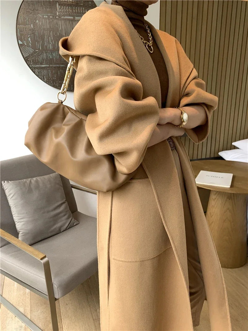 2024 Mid-Length Autumn and Winter Hooded Double Sided Cotton Cashmere Coat Female 100% Wool Loose Thick Woolen Coat