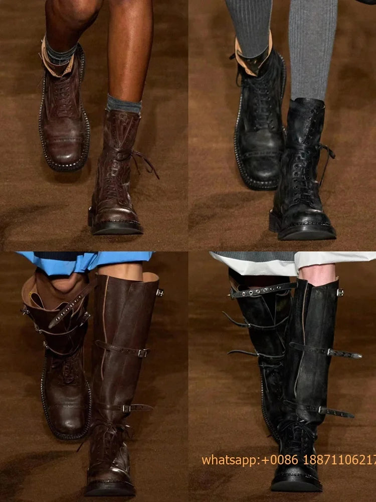 Genuine Leather Ladies Knight Boots 2025 Autumn Belt Buckle Model Catwalk Casual Long Boots Black/brown Thick Heel Casual Boots
