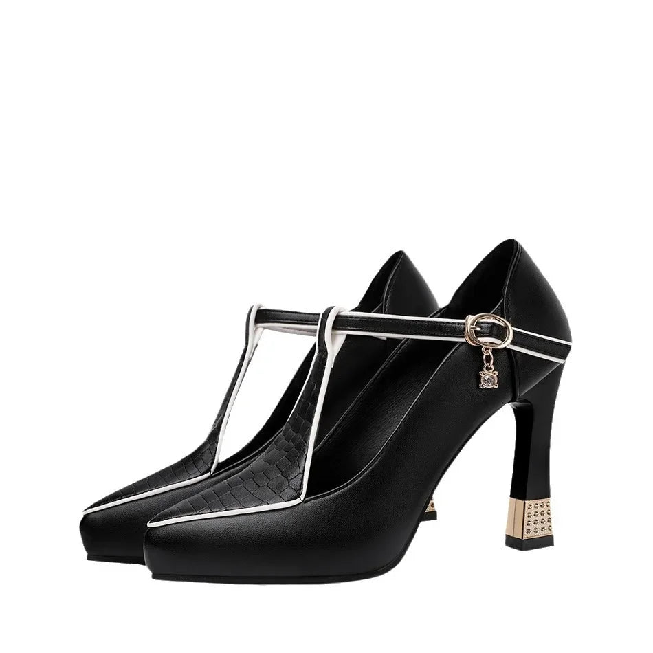 2024 Spring Vintage Fashion Women's Pointed Toe Shallow Sole One-Piece Buckle Mary Sandals High Heels Polyurethane Leather