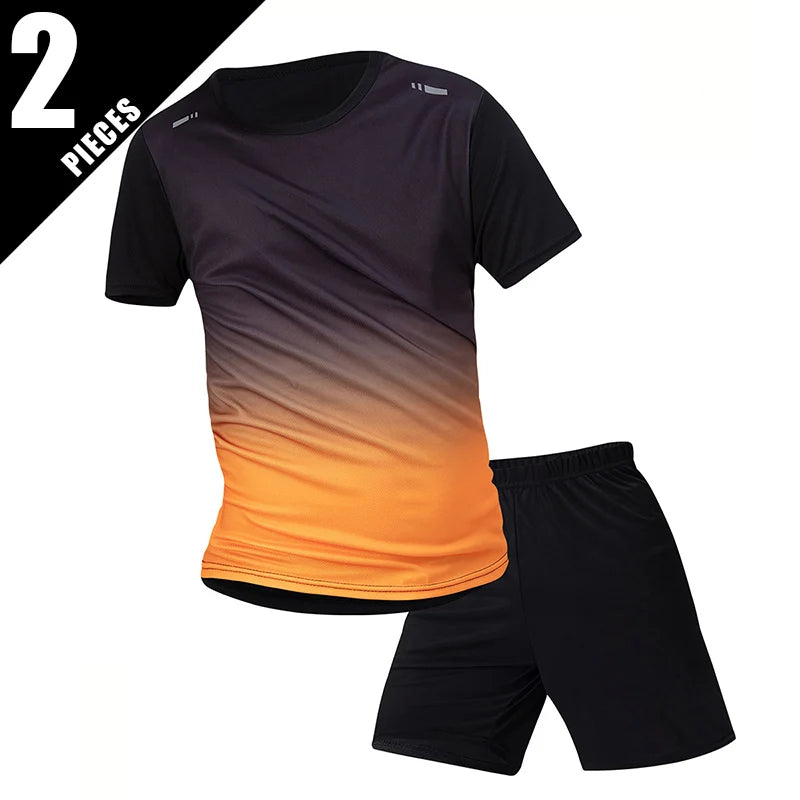 1/2/4/6-piece Men's Seasonal Sports Style Gradient Quick Drying Multi-color Short Sleeved Top Casual Running Black Shorts Set