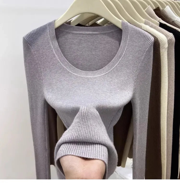 Zjaiss Solid Color O-neck Knitted Pullovers 2025 Women's Autumn Winter New Slim Fit Sweater Soft Warm Simple Base Layer Top