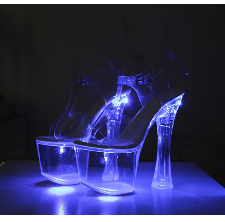 17.5CM Extreme High Heels Glowing Platform Clear Heels Nightclub Sandals For Women Transparent PVC Fashion Model Catwalk Shoes