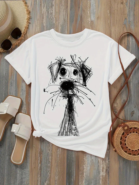 Women's Fashion Printed T-Shirt with Fun Dog Sketch Design Soft Round Neck Short Sleeve Casual Style for Daily Summer Clothing