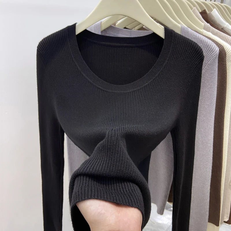 Zjaiss Solid Color O-neck Knitted Pullovers 2025 Women's Autumn Winter New Slim Fit Sweater Soft Warm Simple Base Layer Top