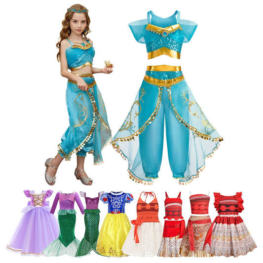 Kids Jasmine Tops and Pants Children Summer Halloween Costume Girls Princess Carnival Dress Up Performance Kids Cosplay Dresses