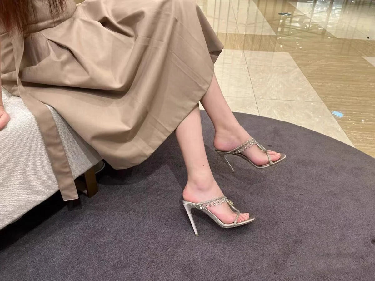 Rhinestone One-word Strap High Heels Slippers Women's 2025 New Summer Sandals Thin Heels Cool Slippers
