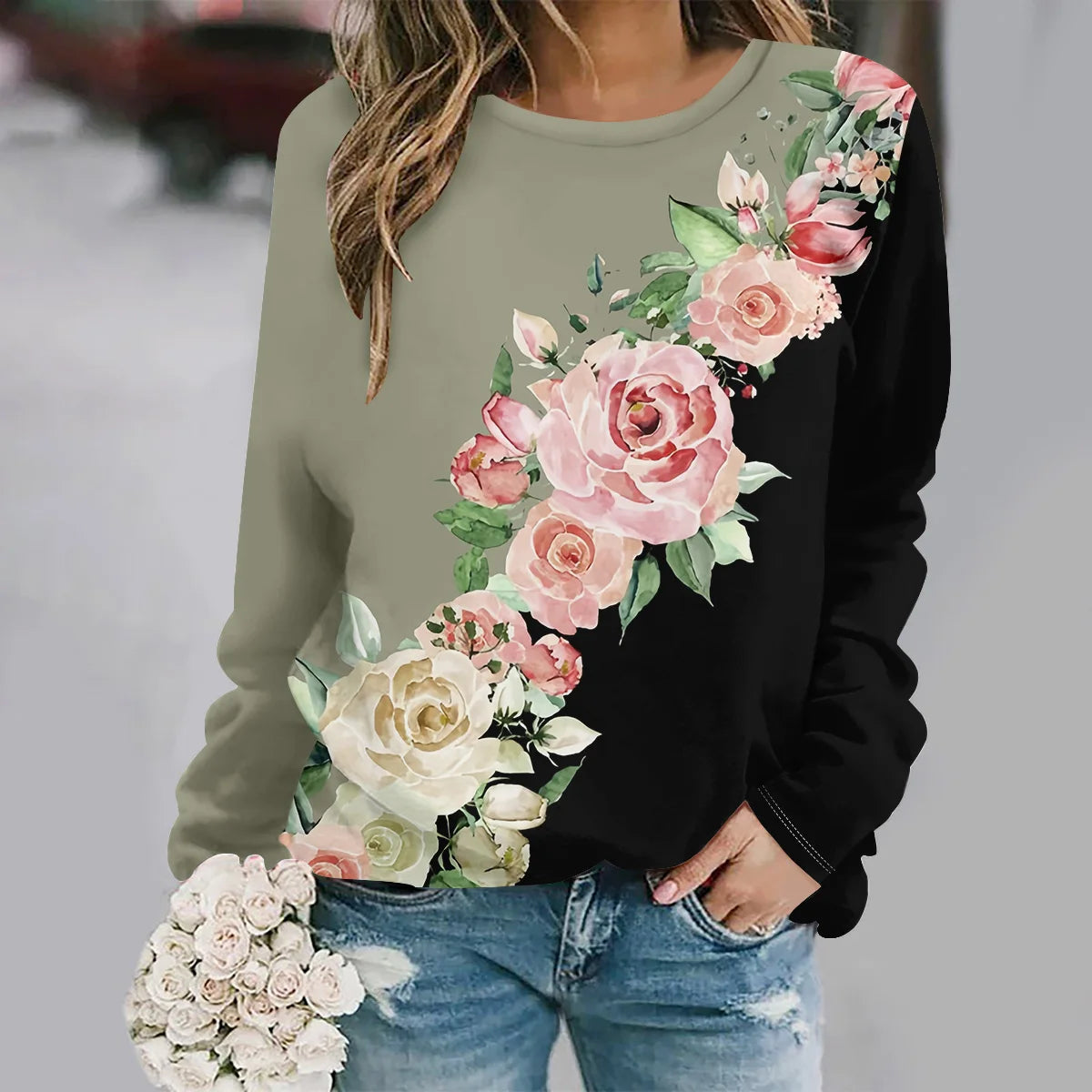2025  Autumn and winter new fashion round neck long sleeve printed elegant casual loose hoodie