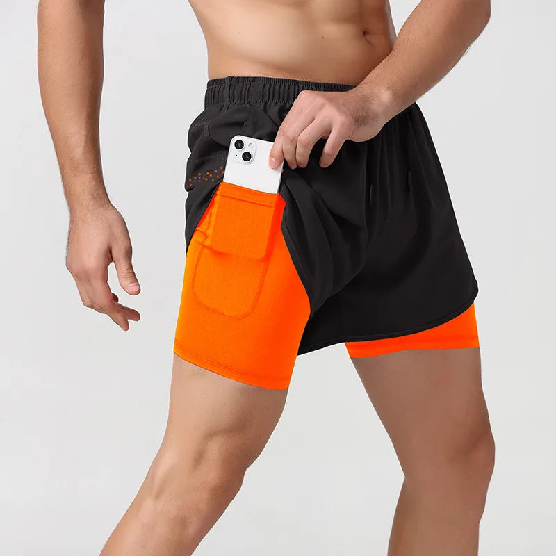 Men's Shorts 2 In 1 Fitness Training Gym Sports Short Pants Quick Dry Built-in Pocket Double-deck Beach Bottom Summer Shorts Men