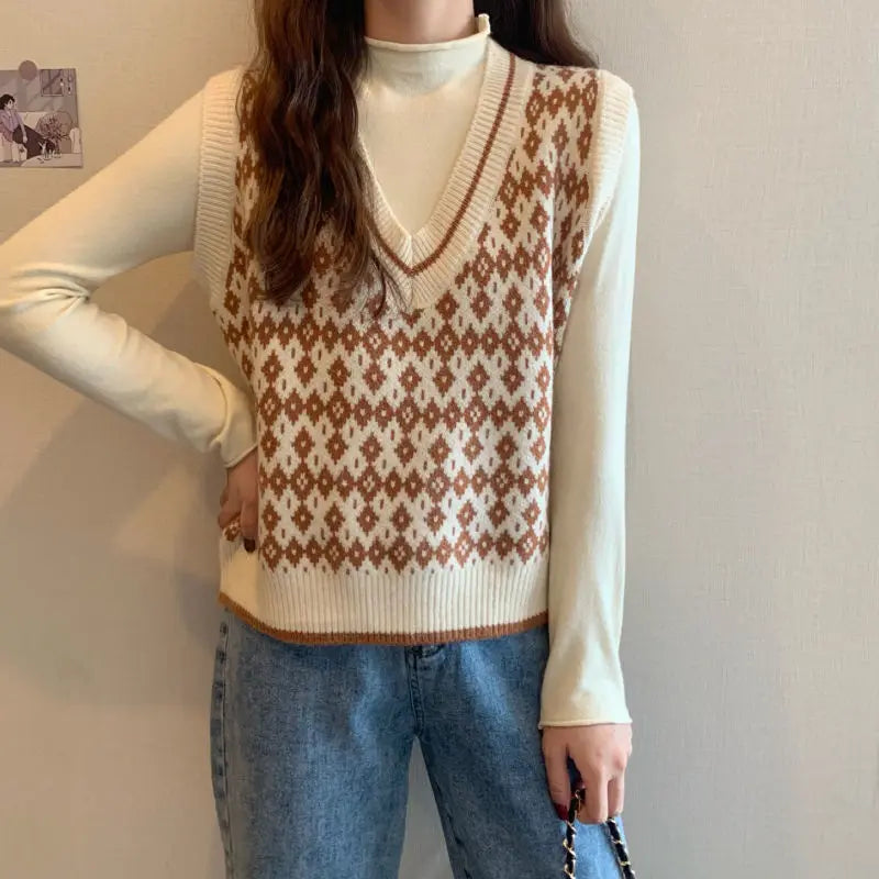 Women Sweater Vest Spring Autumn Fashion Female Casual Loose V-neck Knitted Waistcoat Sleeveless Sweater Pullover Tops Knit Vest
