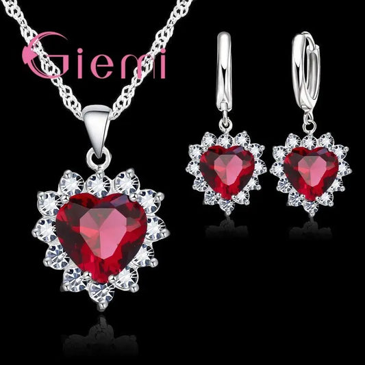 Love Heart Crystal Pendant Silver Color Party Jewelry Sets Necklace Earrings For Women Valentine Gifts