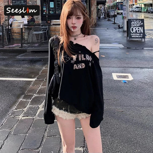 Hotsweet Graphic T Shirts Woman Clothes Long Sleeve Japanese 2000s Clothes Y2k Spring Tops Tees Female Clothing T-shirt Kawaii