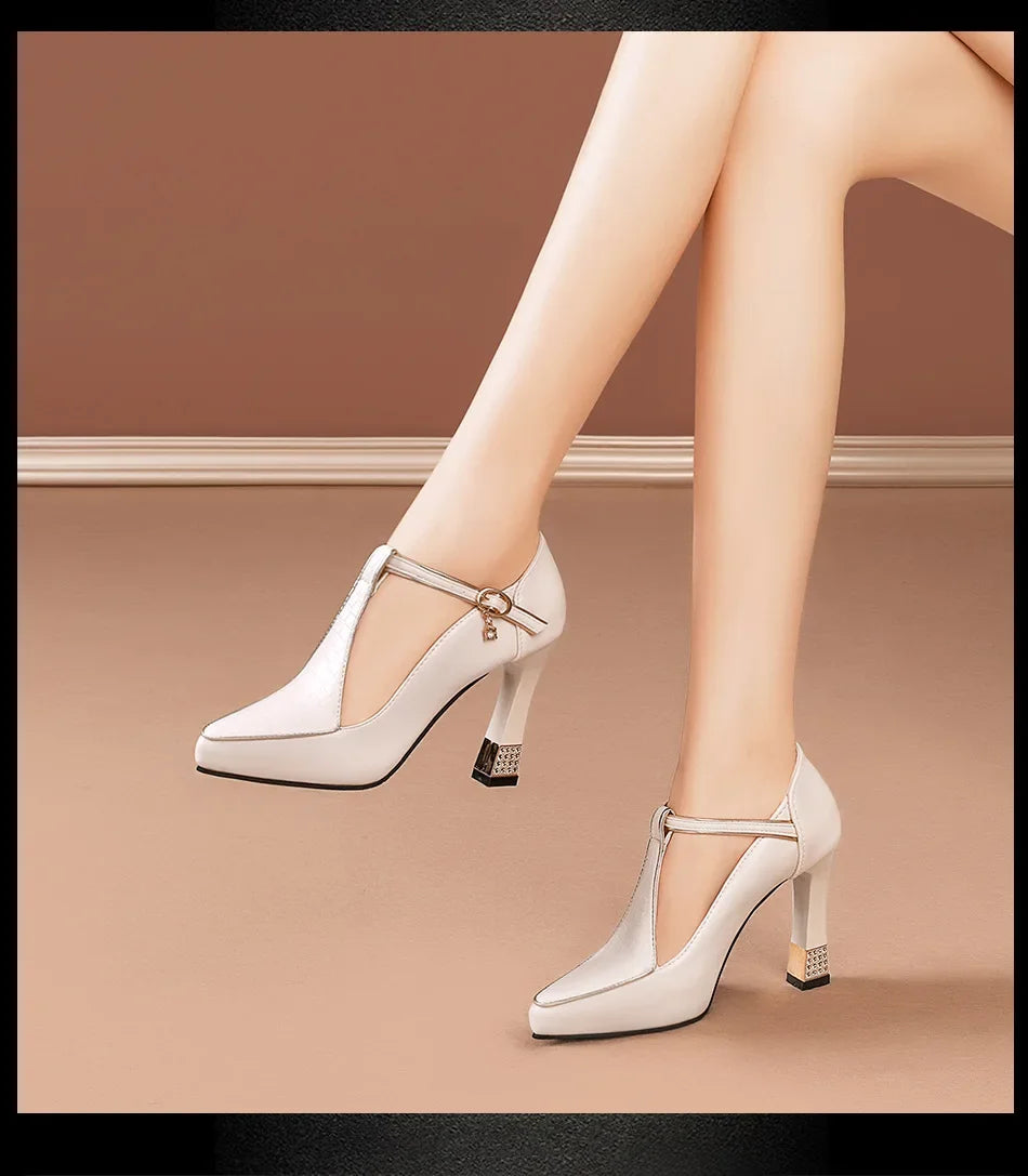 2024 Spring Vintage Fashion Women's Pointed Toe Shallow Sole One-Piece Buckle Mary Sandals High Heels Polyurethane Leather