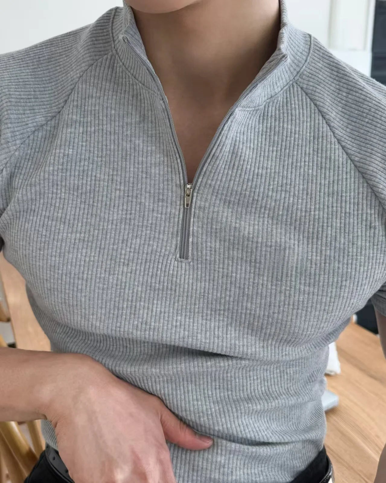 Summer New Men's Sportswear Casual Running And Fitness Stretch Solid Color Zipper Simple Striped Thick Short-sleeved T-shirt