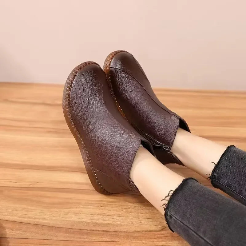 2025 Fashion Women Natural Genuine Leather Boots Handmade Vintage Flat Ankle Botines Shoes Woman Winter