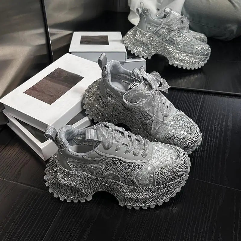 Leisure Sneakers Lace Up Breathable Platform Women Pumps High Heel Round Toe Solid Color Daily Diamonds Bowknot Comfortable
