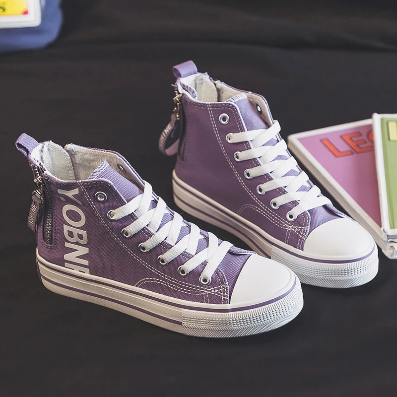 Fashion Purple Womens Canvas Shoes Spring and Autumn High Top Woman Shoes Zipper Breathable Canvas Sneakers Women Vulcanize Shoe