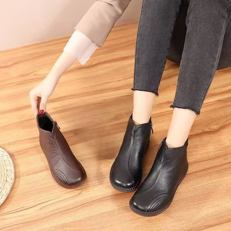 2025 Fashion Women Natural Genuine Leather Boots Handmade Vintage Flat Ankle Botines Shoes Woman Winter