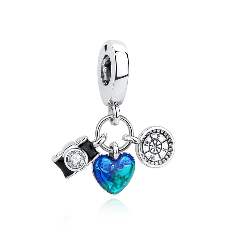 Original 925 Sterling Silver Charms Camera Suitcase London Bus Love Heart Beads Fit Bracelets Necklaces DIY Jewelry Women