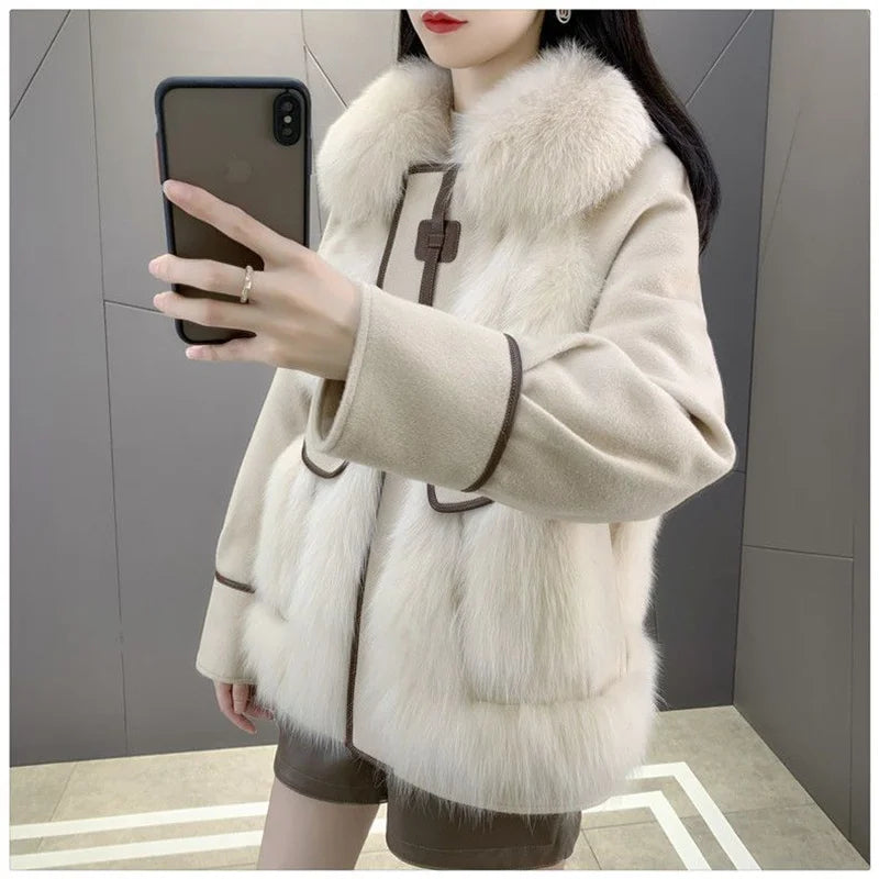 2023 New Autumn Winter with Fur Neighboring Fox Fur Grass Women's Coat Fashion Popular Down Cotton Coat Parker Coat Suede Trend
