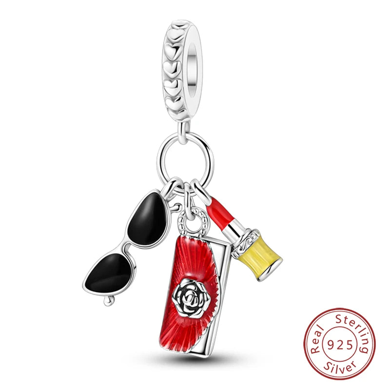 Original 925 Sterling Silver Red Charm Beads Red Wine Chili Dumbbell Pendant For Women Fit DIY Bracelet Birthday Jewelry Gift
