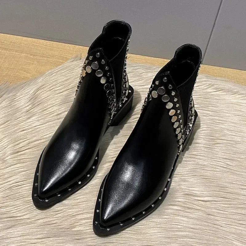 2025New Womens Ankle Boots Sexy Pointed Toe Punk Style Rivet-decorated Women's Knight Boots Winter Warm and Fashion Short Boots