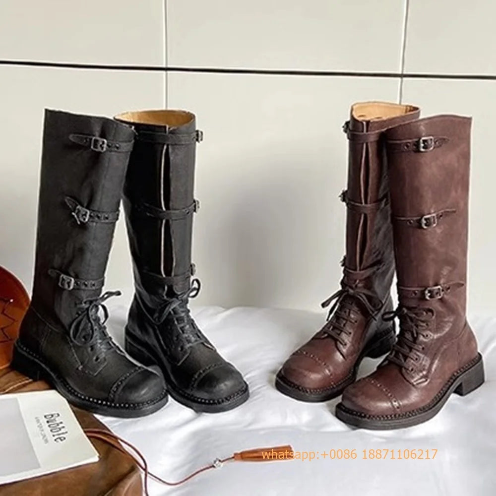 Genuine Leather Ladies Knight Boots 2025 Autumn Belt Buckle Model Catwalk Casual Long Boots Black/brown Thick Heel Casual Boots
