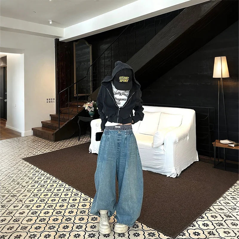 Y2K Fashion Retro Hoodie Artistic White Letter Print Long Sleeve Zip Up Hooded Sweatshirt Men Women Distressed Washed Streetwear