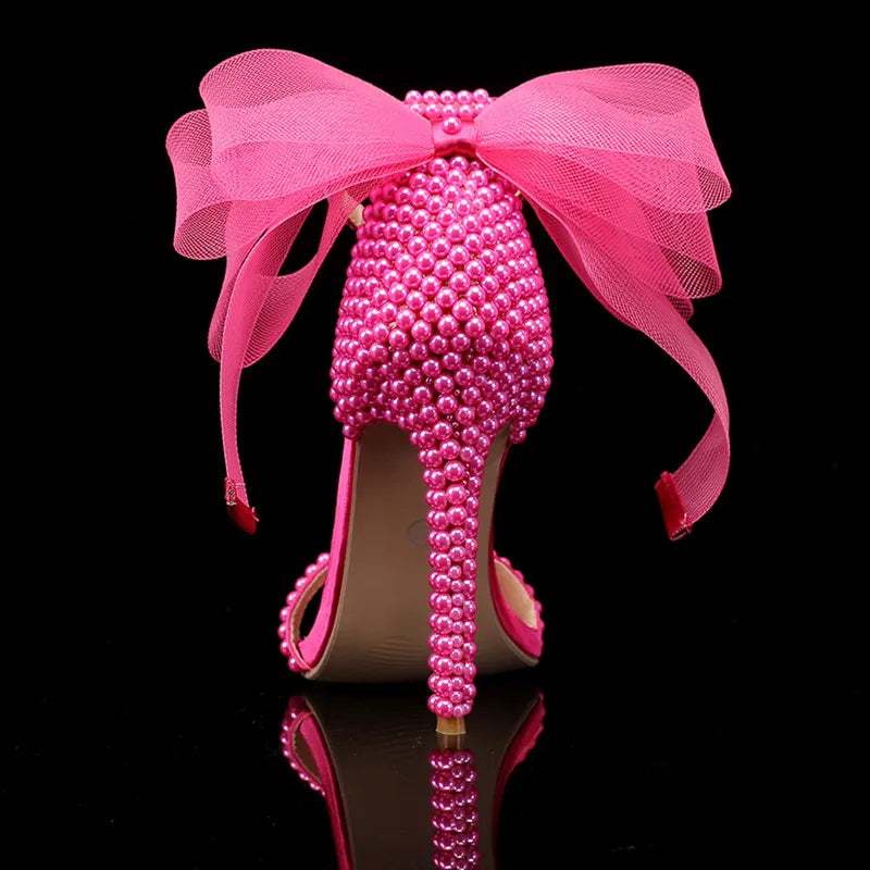 Summer New brand Fashion Bowknot Beading Women Gladiator Sandals Luxury Pearls White thin High heels Wedding Bridal Party Shoes