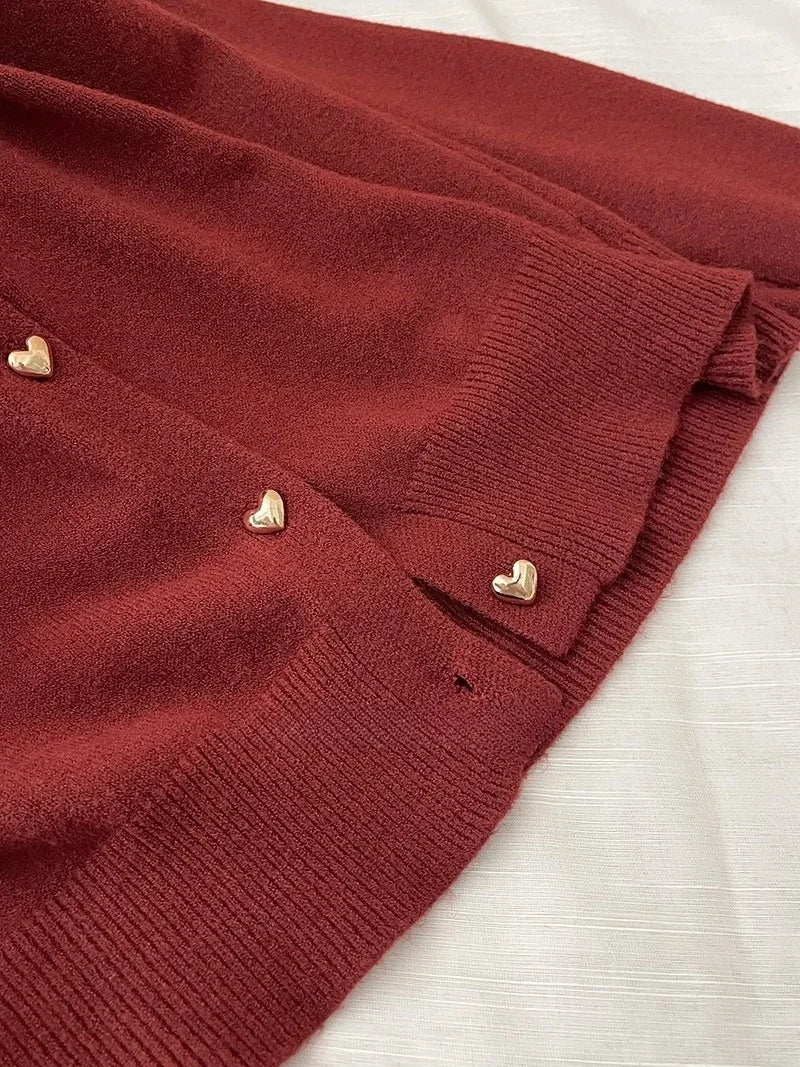 Autumn Winter 2025 New Women's Retro Love Small Gold Buckle Cardigan Female Casual Solid Long Sleeve Slim Knitted Sweater
