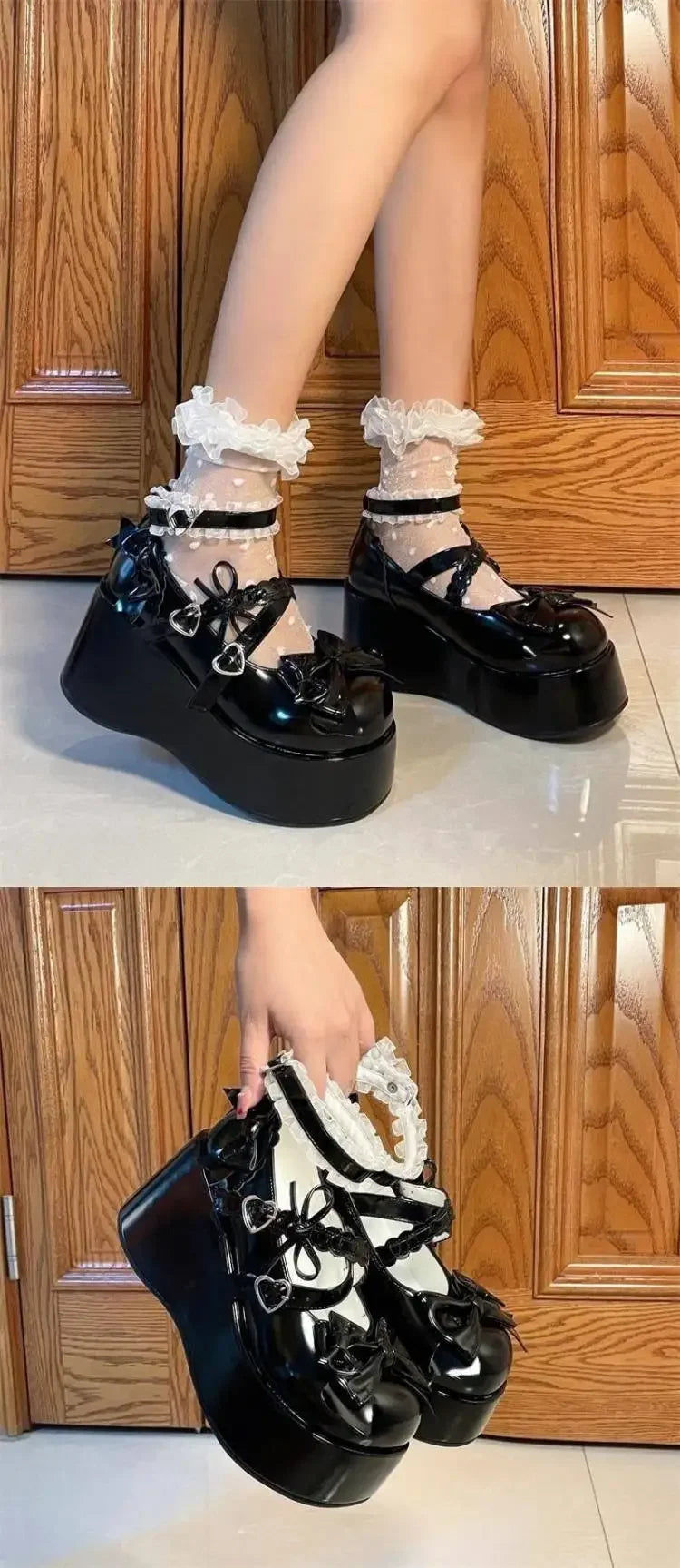 Lace Bowknot White Lolita Shoes for Women 2025 Heart Buckle Platform Mary Janes Woman Japanese Style Patent Leather Jk Shoes