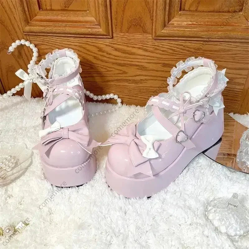 Lace Bowknot White Lolita Shoes for Women 2025 Heart Buckle Platform Mary Janes Woman Japanese Style Patent Leather Jk Shoes