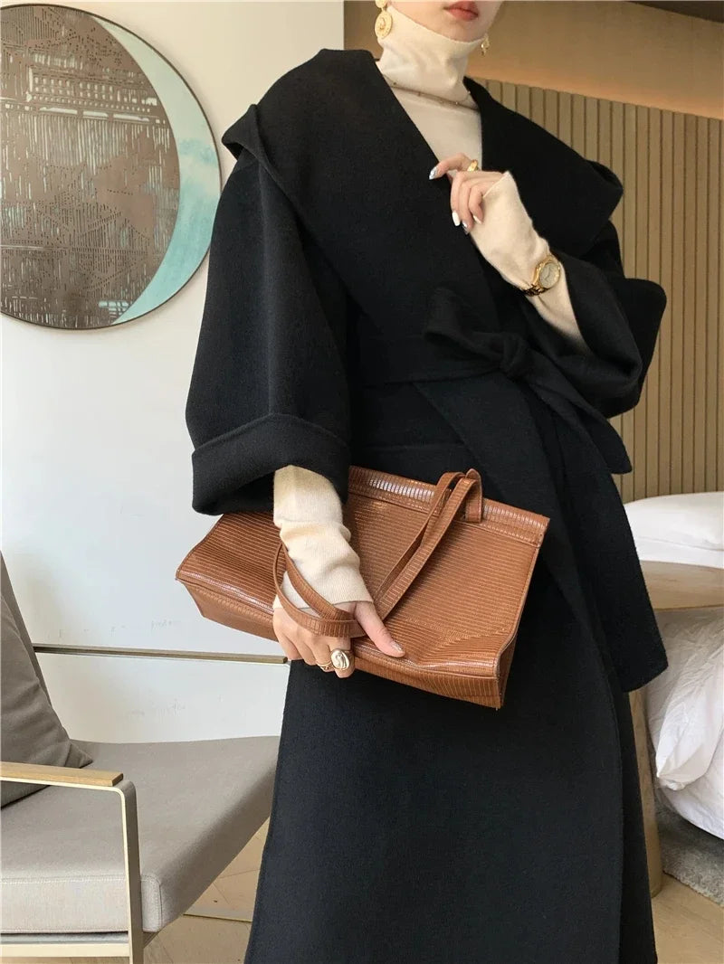 2024 Mid-Length Autumn and Winter Hooded Double Sided Cotton Cashmere Coat Female 100% Wool Loose Thick Woolen Coat