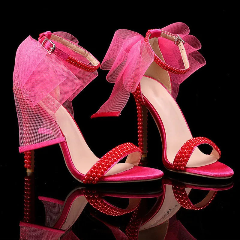 Summer New brand Fashion Bowknot Beading Women Gladiator Sandals Luxury Pearls White thin High heels Wedding Bridal Party Shoes