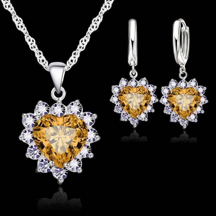 Love Heart Crystal Pendant Silver Color Party Jewelry Sets Necklace Earrings For Women Valentine Gifts