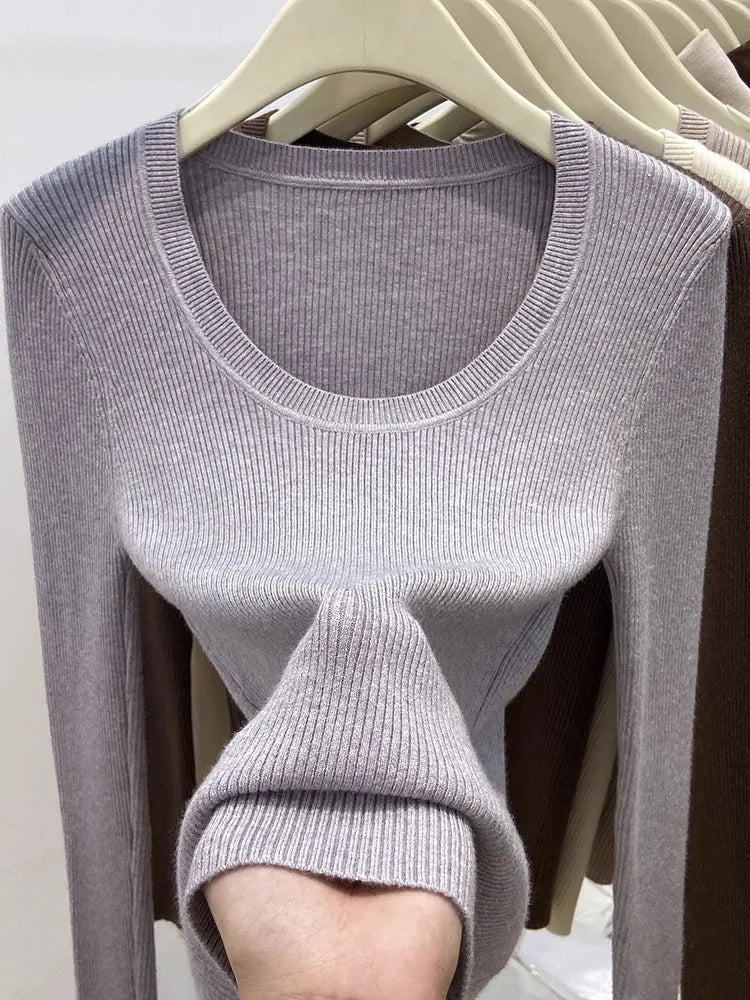 Zjaiss Solid Color O-neck Knitted Pullovers 2025 Women's Autumn Winter New Slim Fit Sweater Soft Warm Simple Base Layer Top