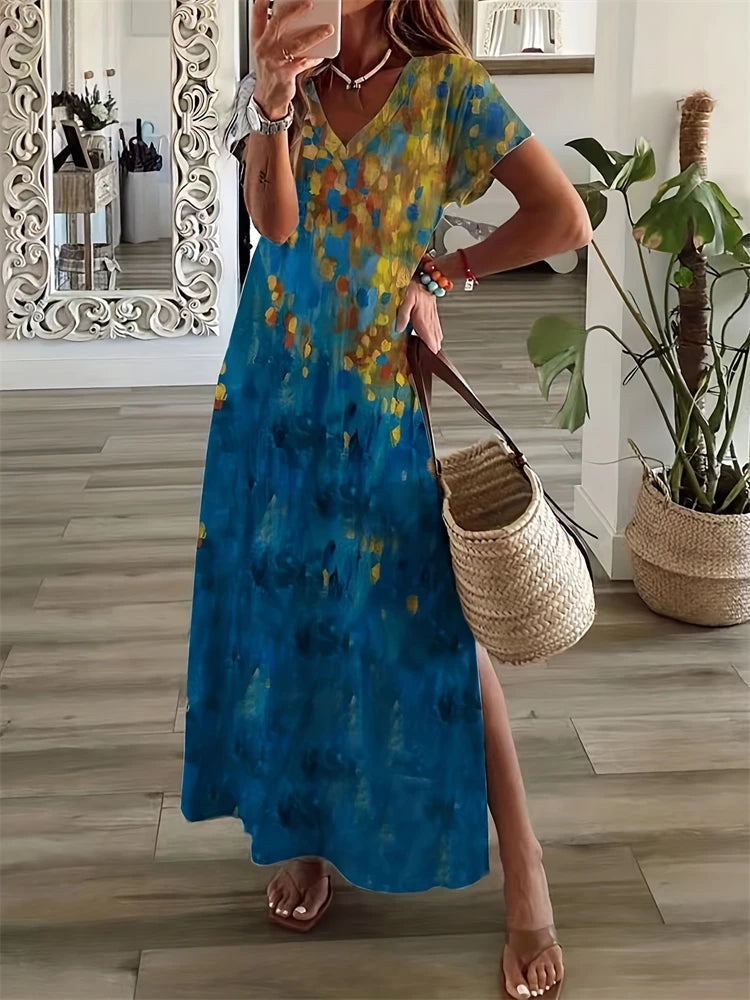New 2025 Summer Women's Dresses Patchwork Geometric Printing Casual Temperament Dresses Fashion Beach Short Sleeve Dresses
