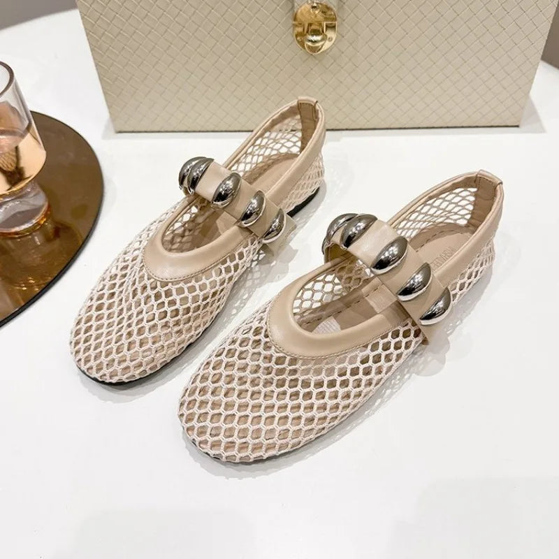 Spring New Flat Shoes Women Fashion Round Head Shallow Mouth Mesh Cloth Breathable Metal Buckle Soft Sole Single Shoes