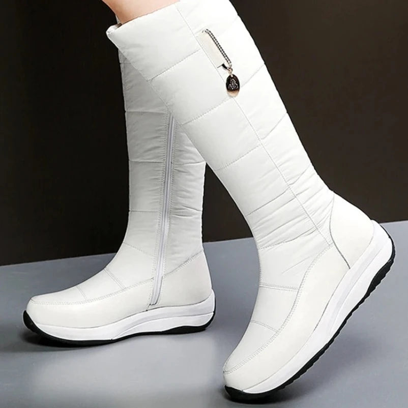 2025  Women Snow Boots Waterproof Down Plush Genuine Leather Red White Casual Travel Ladies Flat Heels Platform Knee High Boots