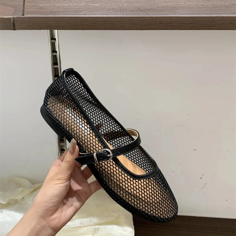 Fishnet Ballet Flats Women Fashion Brand Design Hollow Loafers Mary Jane Shoes Breathable Women Summer Sandals Sandalias Mujer