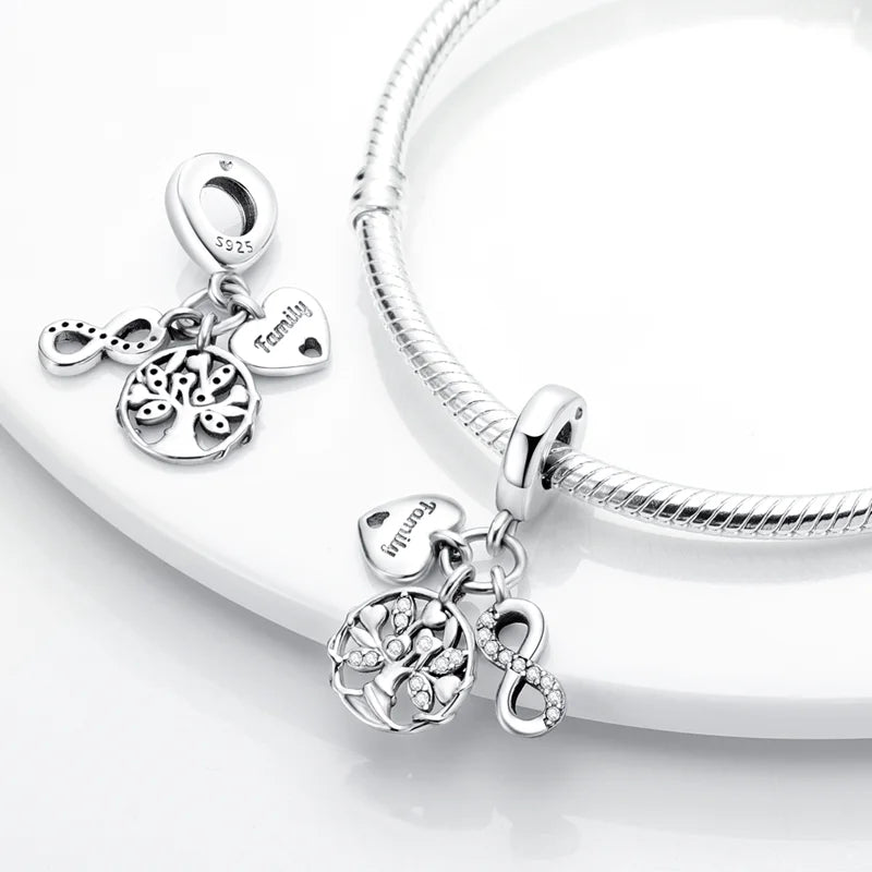 Original 925 Sterling Silver Love Heart Family Charm Beads Pendant Fit Bracelet Charm Women DIY Jewelry Gift
