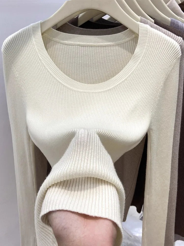 Zjaiss Solid Color O-neck Knitted Pullovers 2025 Women's Autumn Winter New Slim Fit Sweater Soft Warm Simple Base Layer Top