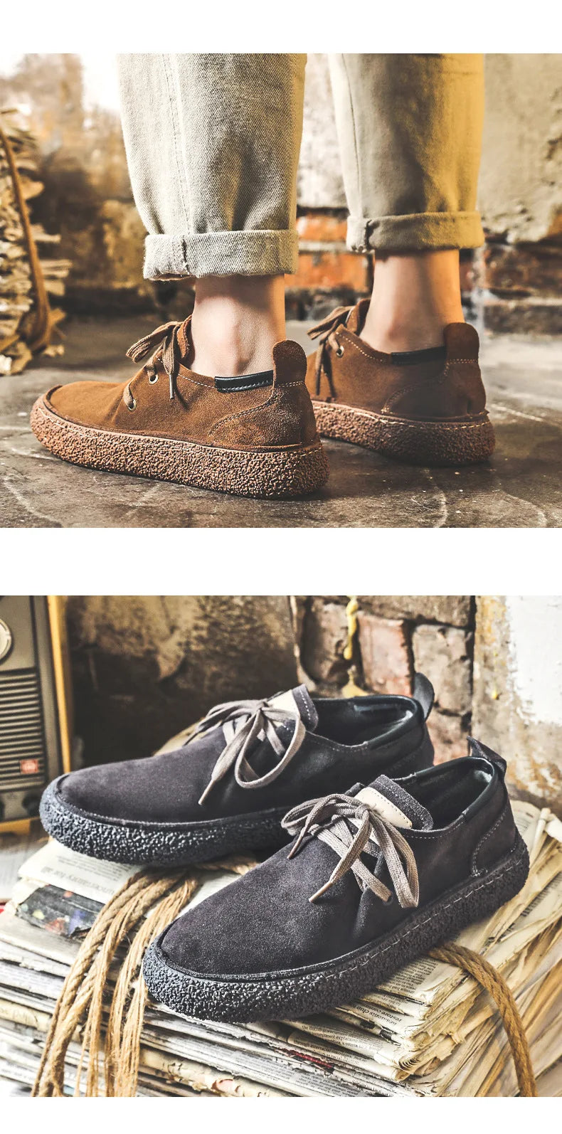 Men's Lace-up Casual Shoes Suede Genuine Leather Men Comfortable Driving Flats Mens Wear-resisting Non-slip Retro Desert Shoes