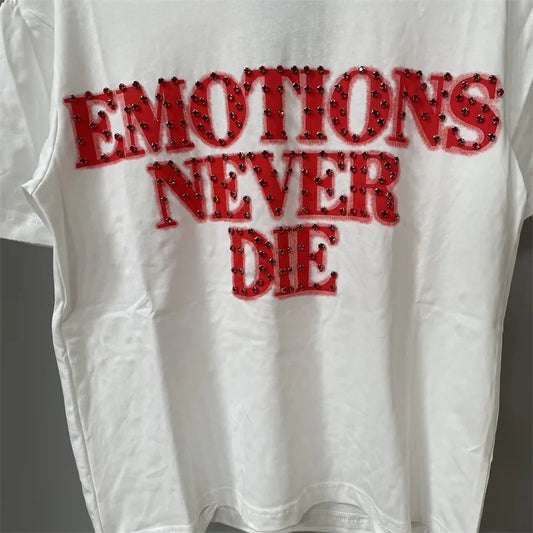 Oversized MIXED EMOTION White T-Shirts Men Women Pure Cotton Casual Red Hot Drill Letters Tshirts