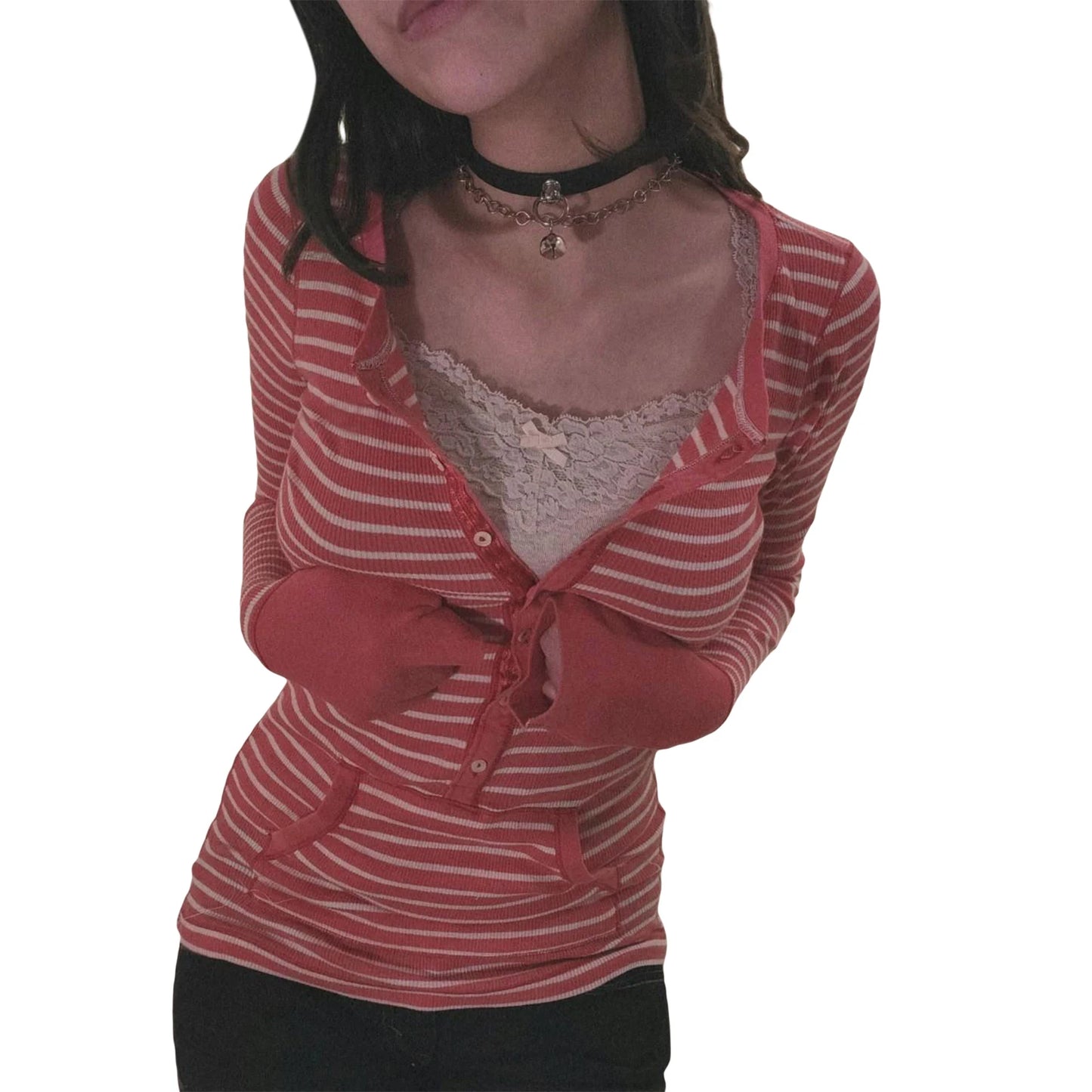 Women Autumn Tops Long Sleeve Button Neck Stripe Knit Shirts Y2K Aesthetic T-shirt 2000s Casual Gothic Grunge Tops