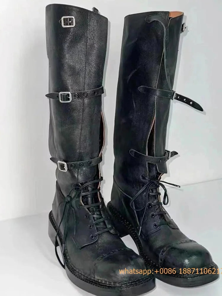 Genuine Leather Ladies Knight Boots 2025 Autumn Belt Buckle Model Catwalk Casual Long Boots Black/brown Thick Heel Casual Boots