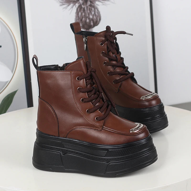 12CM Genuine Leather Winter Autumn Chimney Plush Spring Ankle Booties Fashion ZIP Women Moccasins Platform Wedge Shoes