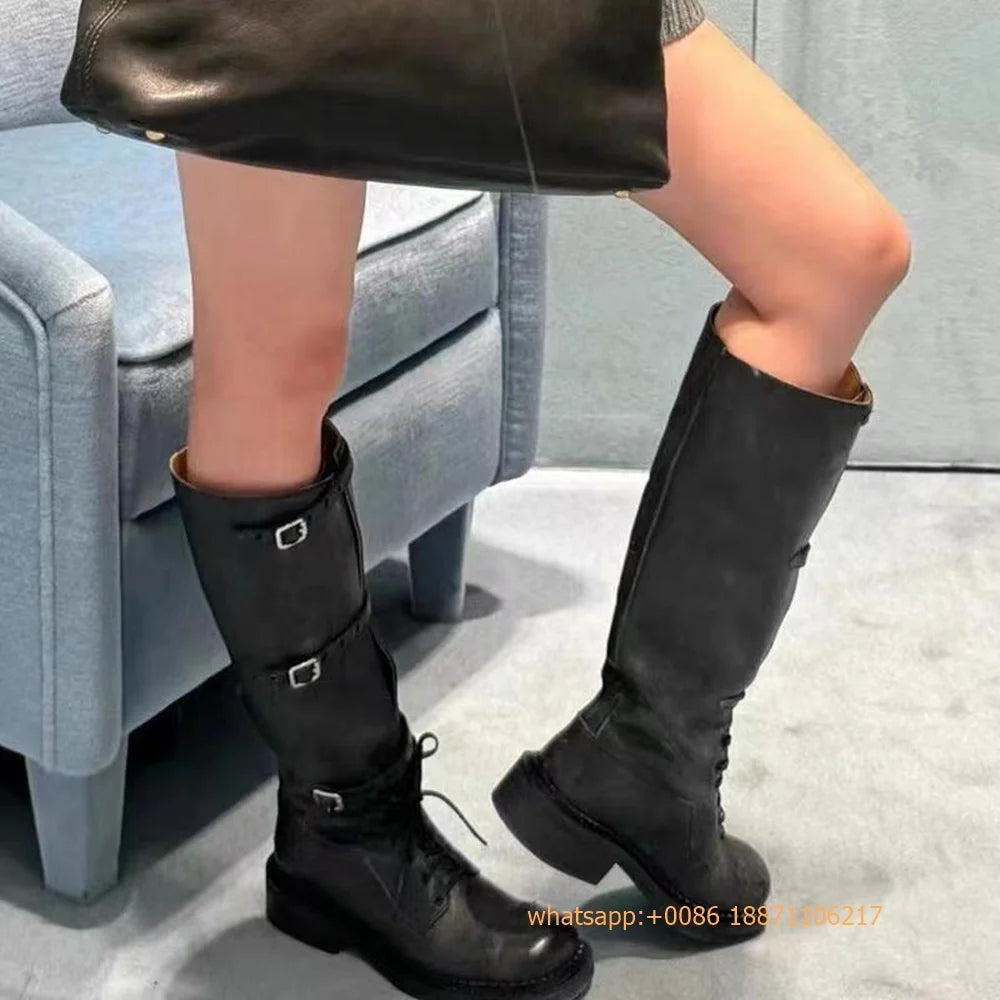 Genuine Leather Ladies Knight Boots 2025 Autumn Belt Buckle Model Catwalk Casual Long Boots Black/brown Thick Heel Casual Boots